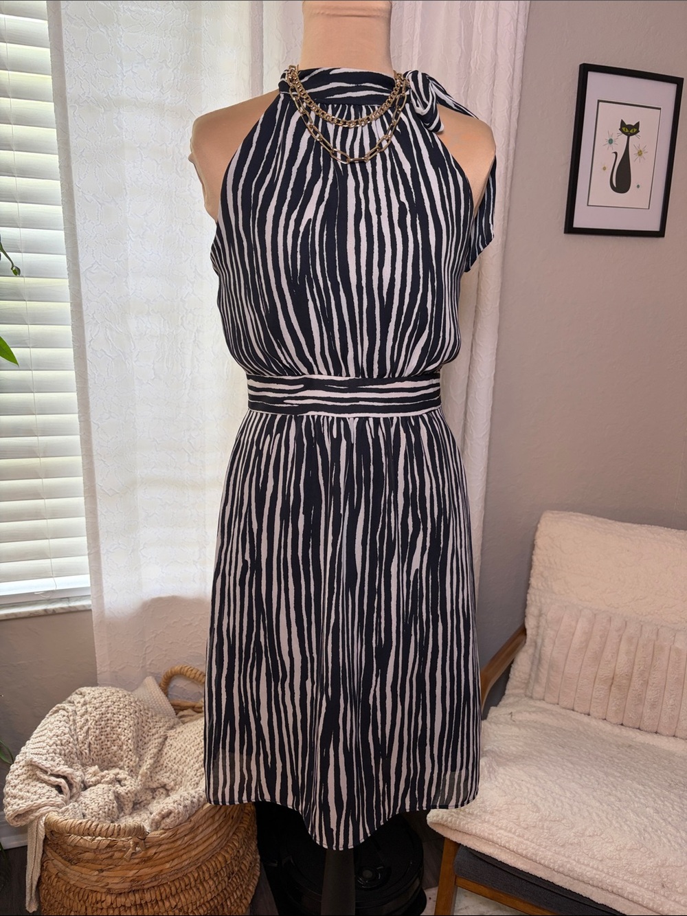 Banana Republic black and white striped halter neck dress with side tie 2 petite